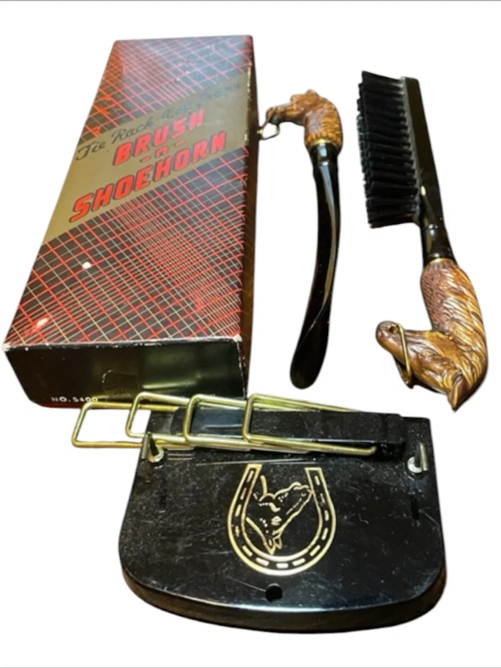 Vintage Horse-head Shoehorn Lint Brush & Tie Rack Set